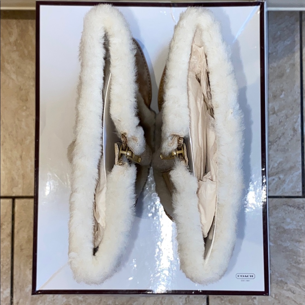 COACH Jordana Suede Shearling Trim Wedge Boots in Tan & Beige in Size 7 - Picture 10 of 15